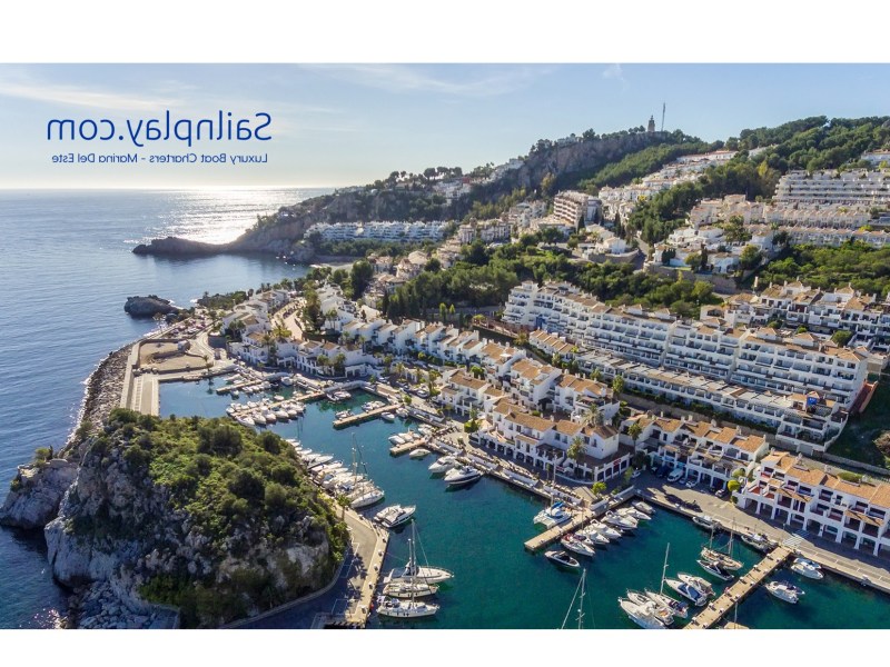 Aerial view of a coastal town with marina and hillside buildings near the sea.
